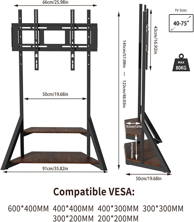 UNHO Mobile Television Stands with Wheels for 43 50 55 65 70 75 inch TVs, LCD/LED Flat Curved Screen TV Floor Stand with Wood Shelf, Art Modern Design for Living Room, Max VESA 600x400mm, Up to 176lbs