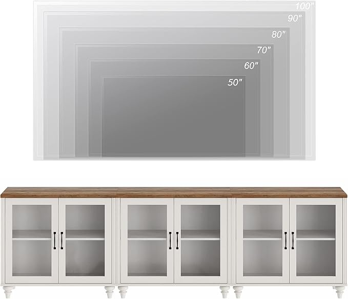 WAMPAT Modern TV Stand for 100 Inch TV, Wood TV Cabinet Entertainment Center for 95/90/85 Inch TV, Large Kitchen Buffet Cabinet with 6 Glass Door for Dining Room & Living Room, White