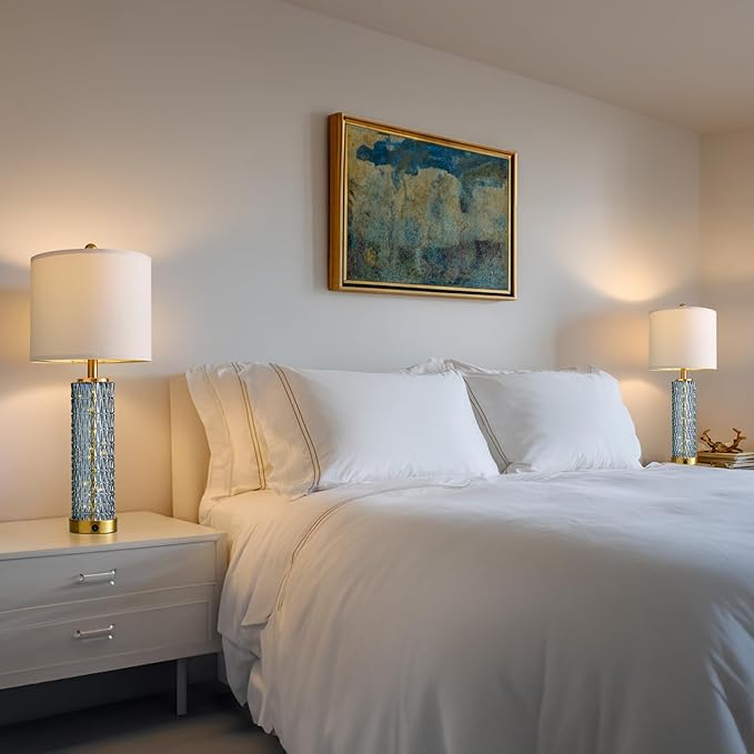 Oneach 27.75” Table Lamps Set of 2, Blue Modern Bedside Lamp with LED Night Light, USB A+C, Glass Lamps for Living Room, Bedroom, Nightstand, Office, End Table (2 Bulbs Included)