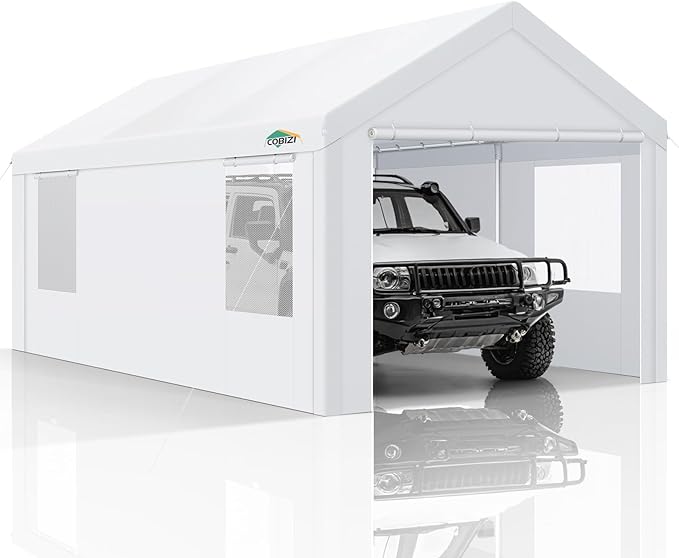 COBIZI Carports 10x20 Heavy Duty Car Canopy Garage with Removable Sidewalls & Doors, Galvanized Frame Portable Carport Canopy with Built-in Sandbags & All-Season Tarp for Car Boat Truck, White