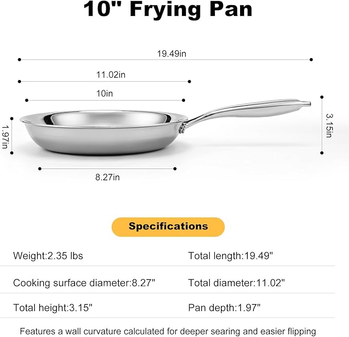 Stainless Steel Pan 10 Inch，Non-Toxic PFAS, PFOA & PTFE Free, Compatible With All Cooktops & Induction Safe, Oven Safe Pan for Searing & Sautéing, Long Lasting Cookware. (10 Inch)