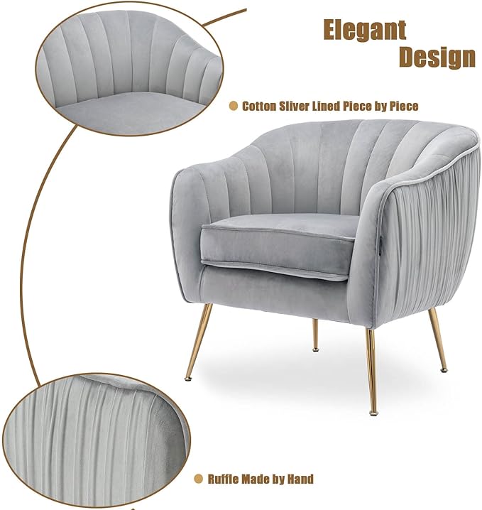 Velvet Accent Chair, Modern Barrel Chair, Living Room Bedroom Arm Chairs, Golden Finished, Grey