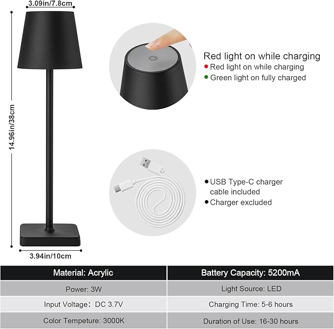2 Pack Rechargeable Cordless Table Lamps, 5200mAh Battery Touch Table Light, Aluminum Shell Stepless Dimmable Portable LED Desk Lamp for Dinner/Restaurant/Outdoor Black
