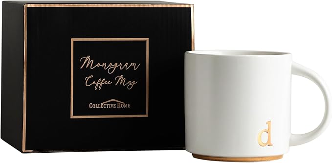 COLLECTIVE HOME - Monogram Ceramic Mugs, 15 oz Golden Initial Coffee Cups, Elegant Alphabet Tea Mugs, Elegant Personalized Mug with Gift Box, Luxurious Cups for Office and Home (d)
