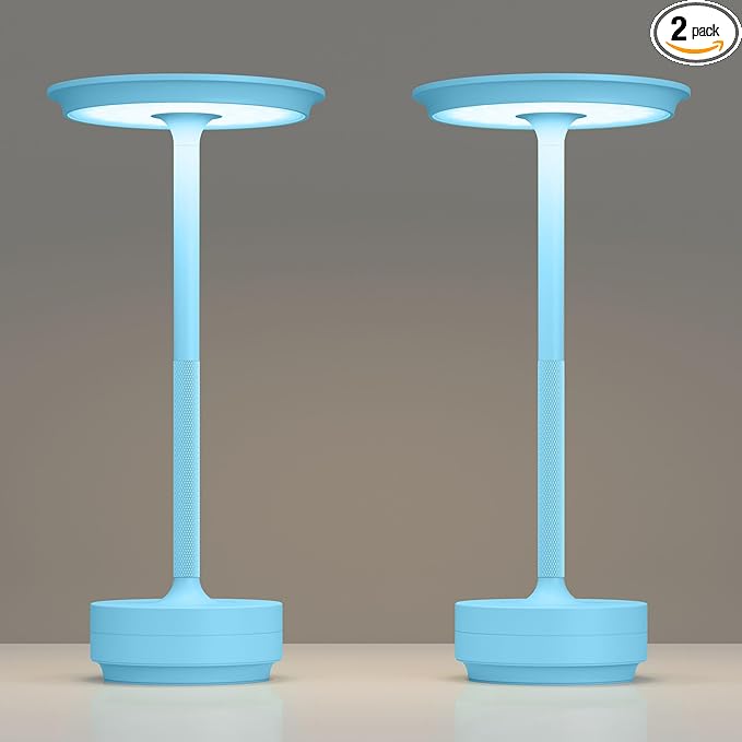 2 Pack Rechargeable Cordless Table Lamps, Portable 5000mAh Outdoor Table Light, 3 Color Stepless Dimming LED Table Lamp with Memory Function, for Home/Dinner/Patio/Restaurant.(Blue)