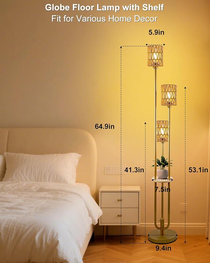 Lightdot Dimmable Boho Floor Lamps with Table, 3-Lights Rattan Floor Lamp with Shelves, 3000K Warmwhite Candle Holder Style Farmhouse Floor Lamp, Rustic Gold Standing Lamp for Living Room Bedroom