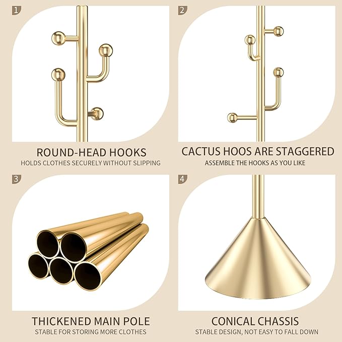 Modern Metal Coat Rack Stand with Cone Base, Heavy Duty Coat Rack Freestanding with 8 Hooks, Golden Cactus Standing Coat Racks for Bag, Jacket, Entryway Office (Golden cone base)