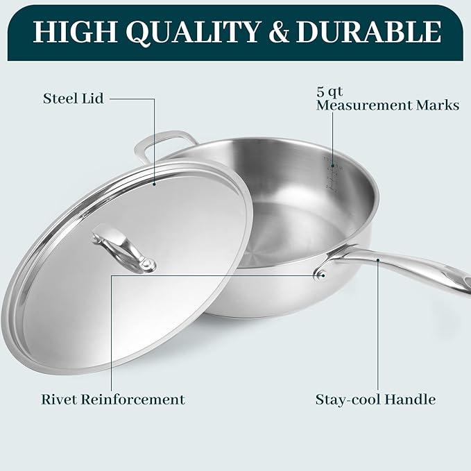 DELUXE 12 Inch Stainless Steel Skillet Frying Pan, Large Pan with Lid and Stay-Cool Handle, 5qt Deep Sauté Pans for Deep-Fry Braise Stew, Multipurpose Cooking Pot for Induction Gas Stove