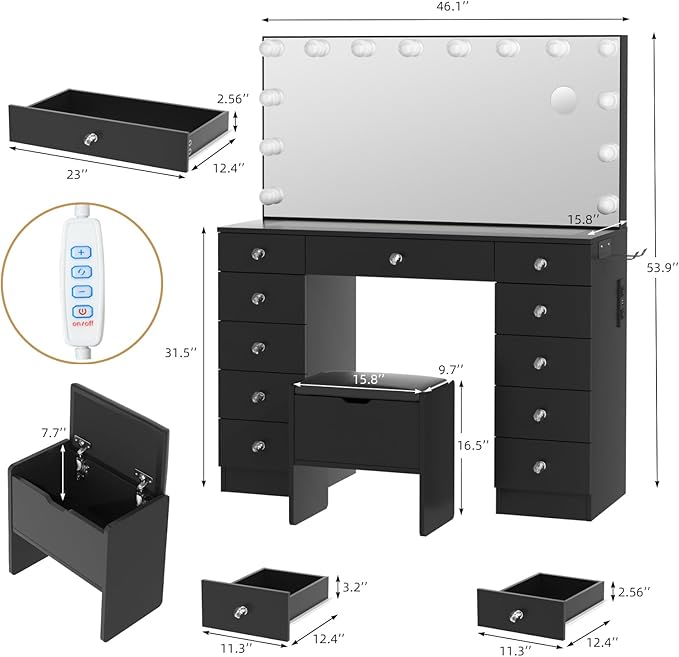 VOWNER Vanity with Lighted Mirror - Makeup Vanity Desk with Lights and 11 Drawers, 3 Color Lighting Modes Adjustable Brightness, 46" Makeup Desk with Soft Cushioned Stool for Bedroom, Black
