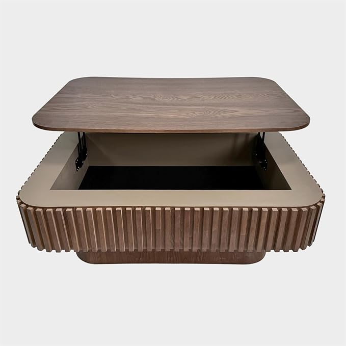 Lift Top Coffee Table for Living Room, Accent Fluted Coffee Table with Storage, Modern Solid Wood Veneered Rectangle Center Tea Table for Small Space Apartment (38.6''D×14''H-Walnut)