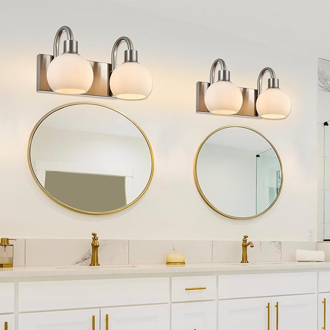12.2 Inch Wall Sconce Lighting in Brushed Nickel, 2-Light Bathroom Light Fixtures Over Mirror for Bedroom Living Room Hallway, Modern Vanity Lights with Milk White Globe Glass Shade