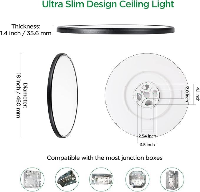 TALOYA 18.2 Inch LED Ceiling Light Fixture,3000K/4000K/6500K Selectable with Back Light, 36W Black Dimmable LED Flush Mount Ceiling Light for Hotel, Bedroom, Living Room,Office, Memory Function