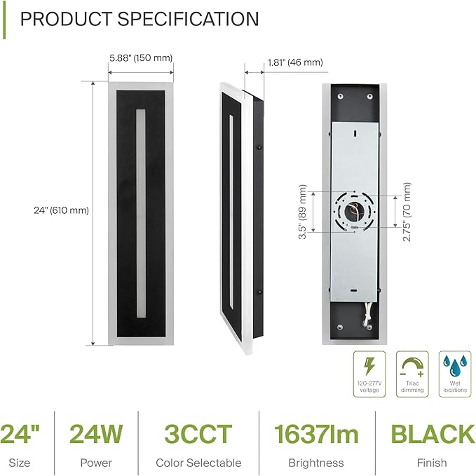 ASD LED 24" Long Wall Mount Light Fixture, Outdoor & Indoor Linear Sconce | 3CCT, Dimmable, Waterproof, Anti-Rust, ETL Listed | 24W 1630LM 3000-5000K 100-277V | Exterior Porch Lighting | Black, 2 Pack