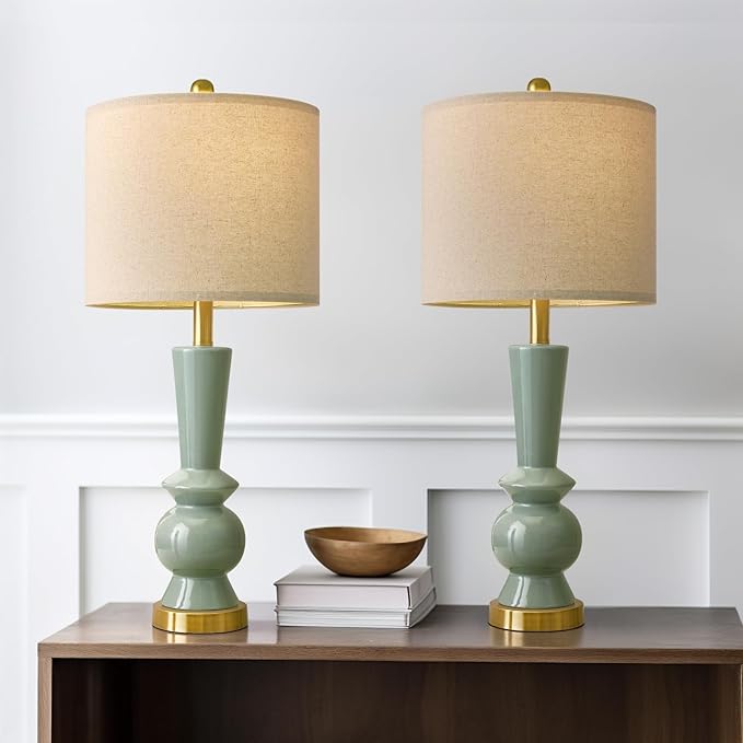 PORTRES 27" Modern Ceramic Table Lamp Set of 2 for Living Room Green & Gold Bedside Lamps for Bedroom Nightstand Lamp Tall End Table Lamps