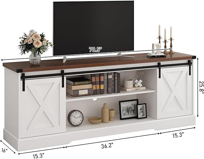 Farmhouse TV Stand for 70/75/80 Inch TV, 70 inch Entertainment Center Storage Cabinets with Sliding Barn Doors, Media Console Cabinet for Living Room, White