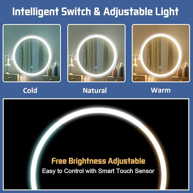 CHARMAID Vanity Desk with Lights, Navy Blue Makeup Vanity Desk with 3-Color Lighted Mirror, 4 Drawers, Cushioned Stool, Modern Bedroom Makeup Dressing Table for Small Place