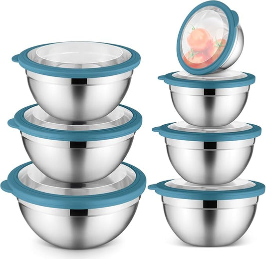 E-far Mixing Bowls Set of 7, Stainless Steel Mixing Bowls with Airtight Clear Lids, Metal Nesting Bowls for Kitchen Prep, Baking, Serving, Dishwasher Safe, Size 4.6, 3.5, 3, 2, 1.5, 1, 0.7QT, Blue