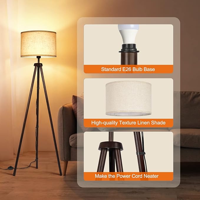 OUTON Wood Tripod Floor Lamp, Mid Century LED Dimmable Floor Lamp with Remote Control, 4 Color Temperature, Sturdy Tall Standing Lamp with Beige Linen Texture Shade for Living Room, Bedroom, Office