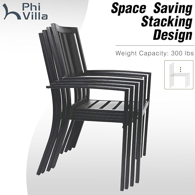 PHI VILLA 9 Pieces Outdoor Dining Set for 8, 60” Wood-Like Large Square Metal Steel Dining Table & Stackable Iron Chairs, Dining Furniture Set for Patio, Deck, Yard, Porch