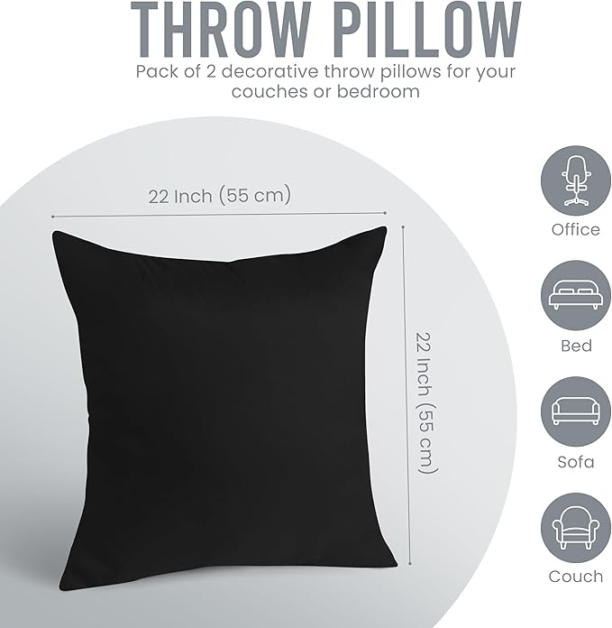 Utopia Bedding Throw Pillows Insert (Pack of 2, Black) - 22 x 22 Inches Bed and Couch Pillows - Indoor Decorative Pillow