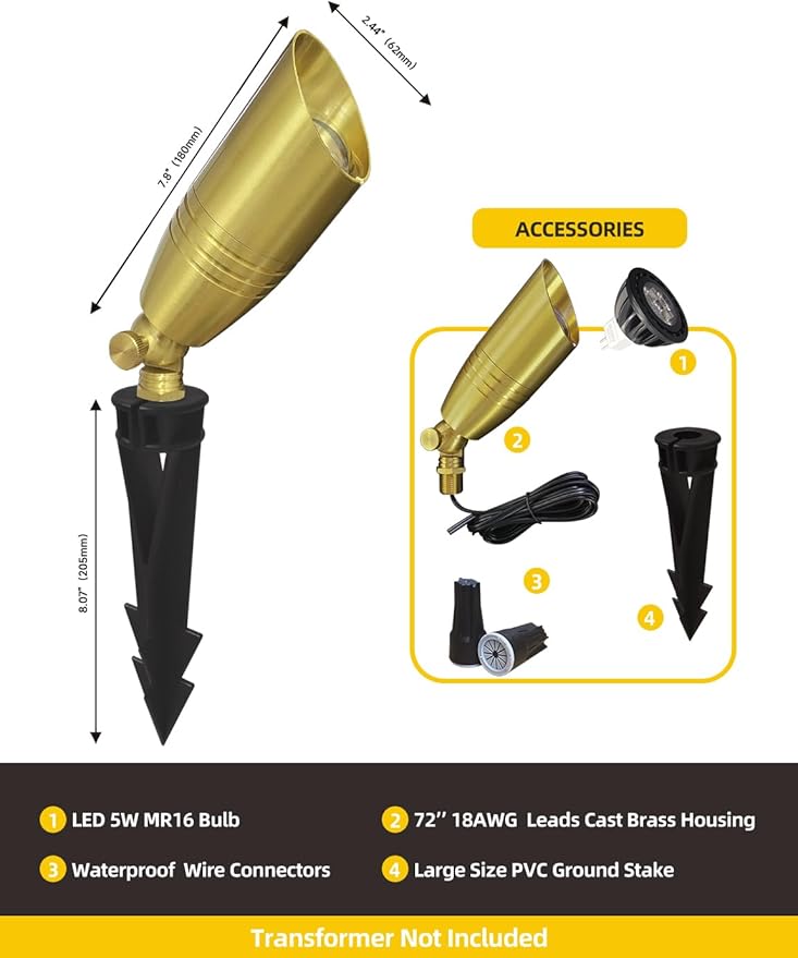 COLOER Die-cast Brass Landscape Spotlight 1-Pack with 5W Aluminum Housing LED MR16 Bulb,12V AC/DC Low Voltage Copper Outdoor Lighting, Directional Garden Patio Spot Up Light (102B Copper Finish)