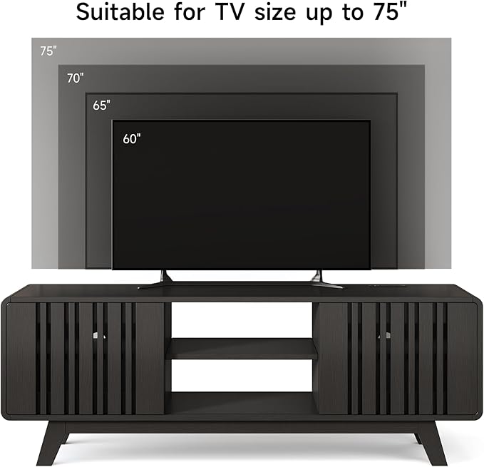 63-Inch TV Stand for TVs up to 75 Inch, Mid-Century Modern Television Stand with Power Outlet， Entertainment Center with Sliding Grille Door Cabinets and Open Shelves for Living Room, Black