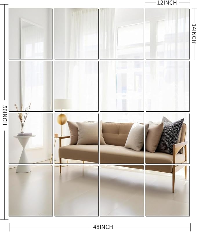 12" x 14" 16Pcs Full Length Wall Mirror Tiles, Frameless Wall Mounted Mirror Glass Wall Mirror for Home Gym, Door, Bedroom, Living Room