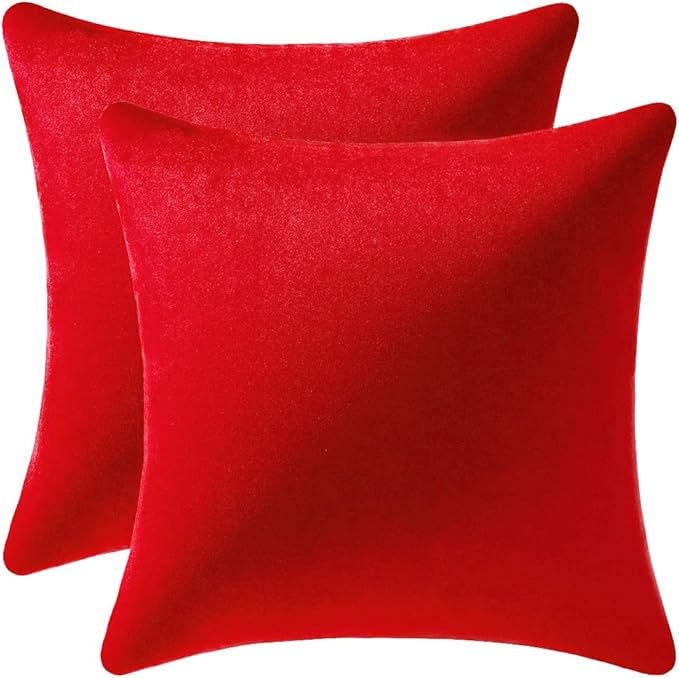 DEZENE Throw Pillow Covers 20x20 Red: 2 Pack Cozy Soft Velvet Square Decorative Pillow Cases for Farmhouse Home Decor