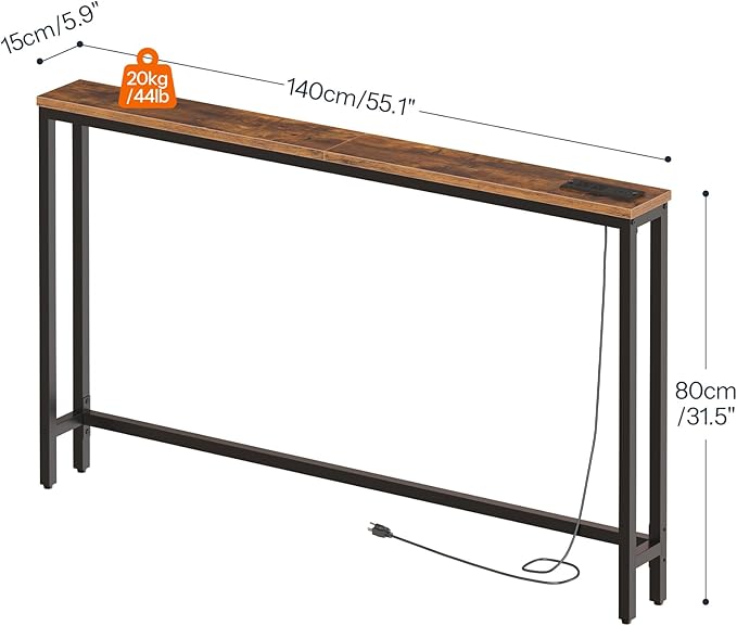 HOOBRO 55.1" Narrow Console Table with Power Outlets, 5.9" Behind Couch Table with Charging Station, Long Sofa Table, Skinny Entryway Table for Living Room, Hallway, Foyer, Rustic Brown BF145UXG01