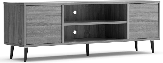Flamaker Mid Century Modern TV Stand for 65 inch TV, Entertainment Center with Storage, Media Console with Sturdy Legs, Push-to-Open Cabinets, Wooden Living Room Furniture, Bright Gray