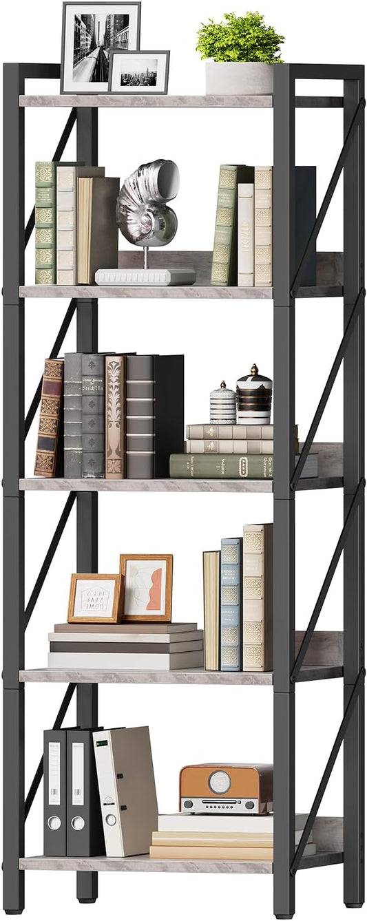 HOOBRO Bookshelf, 5-Tier Industrial Bookcase, Book Shelf Storage Organizer, Tall Bookshelf with Metal Frame for Living Room, Bedroom, Home Office, Kitchen, Greige and Black BG73SJ01