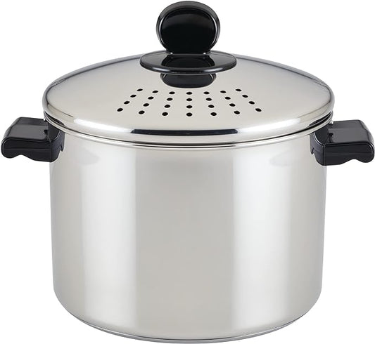 Farberware Classic Series Stainless Steel 8-Quart Covered Straining Stockpot with Lid, Stainless Steel Pot with Lid, Silver