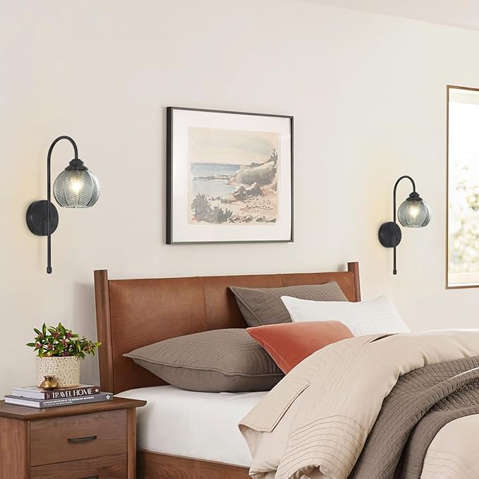 KCO Lighting Smoked Glass Wall Light Large Black Globe Wall Sconce Mid Century Modern Bathroom Vanity Light Fixture Black Long Wall Sconce Farmhouse Hardwire Wall Sconce