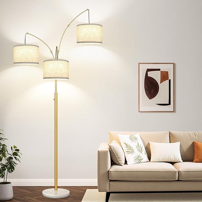 Dimmable Floor Lamp - 3 Lights Gold Floor Lamps for Living Room Linen White Shades & Marble Base, Mid Century Tree Floor Lamp for Bedroom Office, 3 LED Bulbs Included