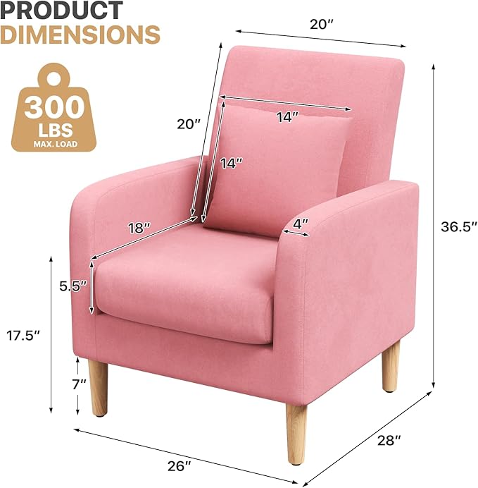 Magshion Mid-Century Accent Chair for Living Room, Comfy Reading Chair for Bedroom, Upholstered Linen Fabric Armchair Single Sofa with Back Pillow & Wood Legs, 300 lbs Capacity, Pink