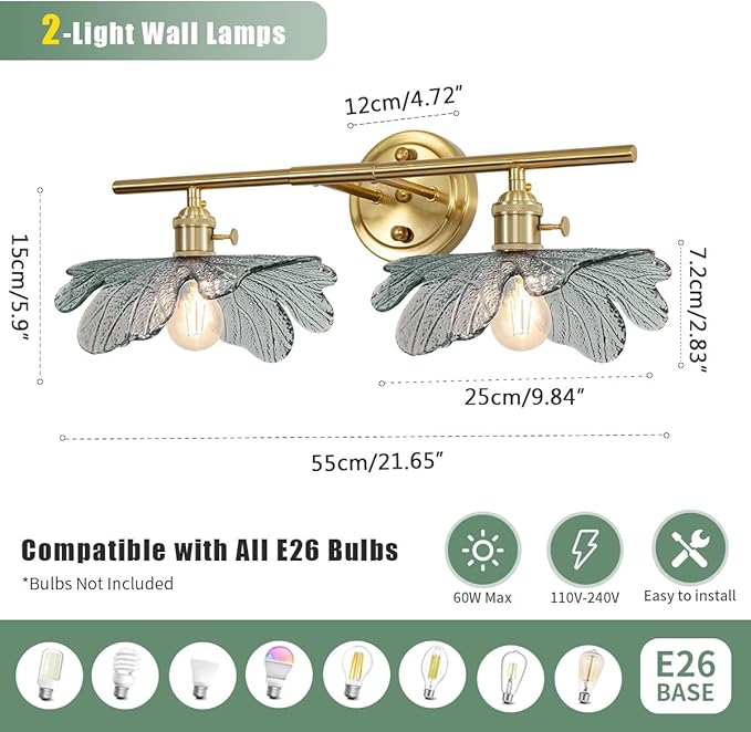 gold vanity light mid century Modern Vanity Lights Fixtures 2 light bathroom sconce with Dark Green Glass Shade gold Wall Sconce Light Bathroom Lights Over Mirror for Bedroom Hallway Living Room