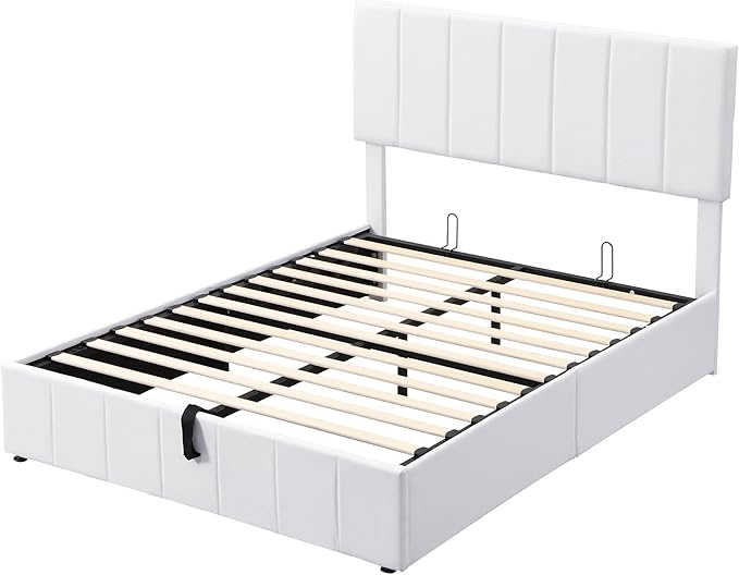 Full Size Bed Frame with Headboard, Elegant Linen Upholstered Platform Bed with a Hydraulic Storage System, Linen Fabric Backrest and Pine Wood Slats, No Box Spring Needed, White