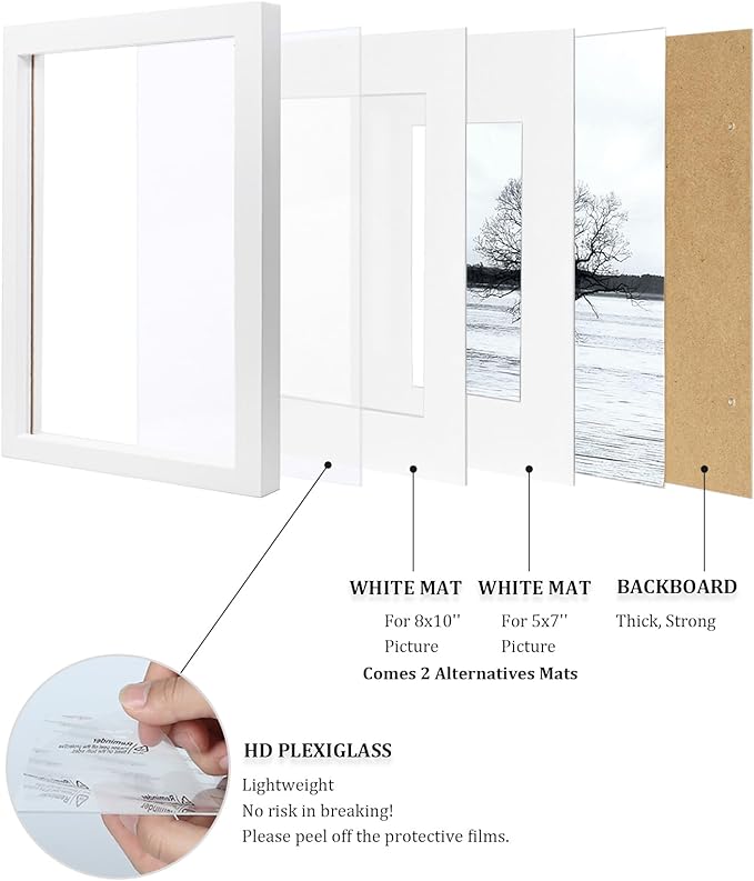 Egofine 11x14 Picture Frame White - Photo Frame Made of Solid Wood Covered by Plexiglass for Table Top Display Pictures 5x7/8x10 with Mat or 11x14 Without Mat - with Wall Mounting Hardware