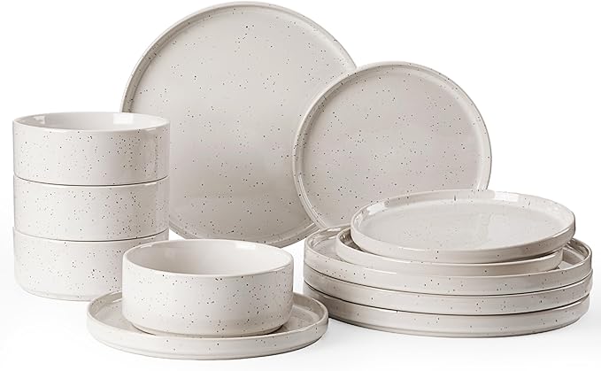 Famiware Nebula Plates and Bowls Sets, 12 Pieces Dinnerware Sets, Dishes Set for 4, Creamy White with Colorful Speckles