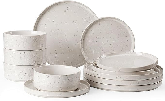 Famiware Nebula Plates and Bowls Sets, 12 Pieces Dinnerware Sets, Dishes Set for 4, Creamy White with Colorful Speckles