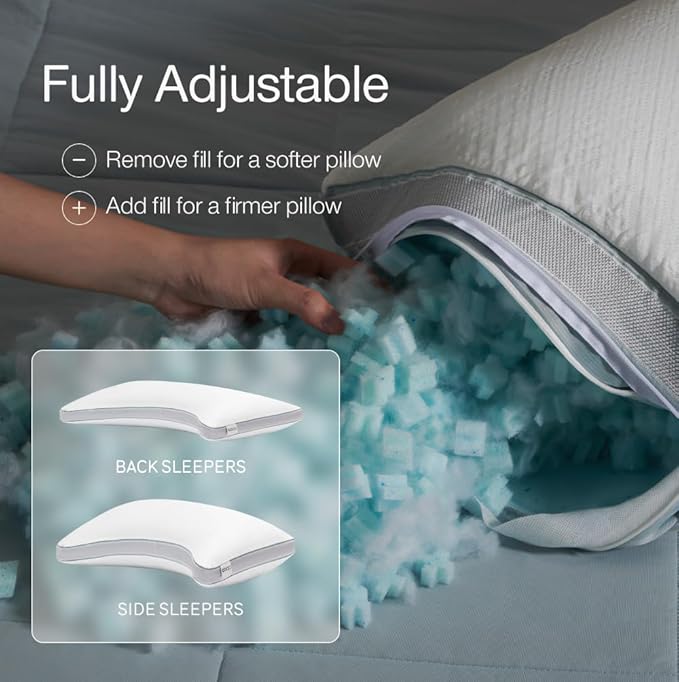 Coop Home Goods Cool+ Crescent Adjustable Pillow, Queen Size Plus Shaped Memory Foam Pillows with Cooling Gel, Neck Support, Back or Side Sleeper Pillow, CertiPUR US/GREENGUARD Gold