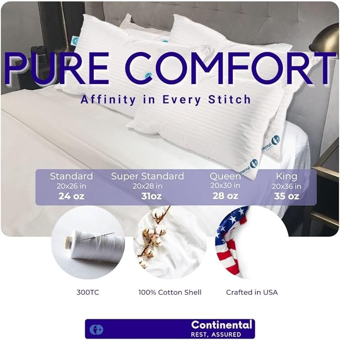 Continental Bedding Affinity Down Alternative Pillows - Queen Size - 100% Soft Cotton Cover - Ultra-Comfort for Back, Stomach, and Side Sleepers - Pack of 2