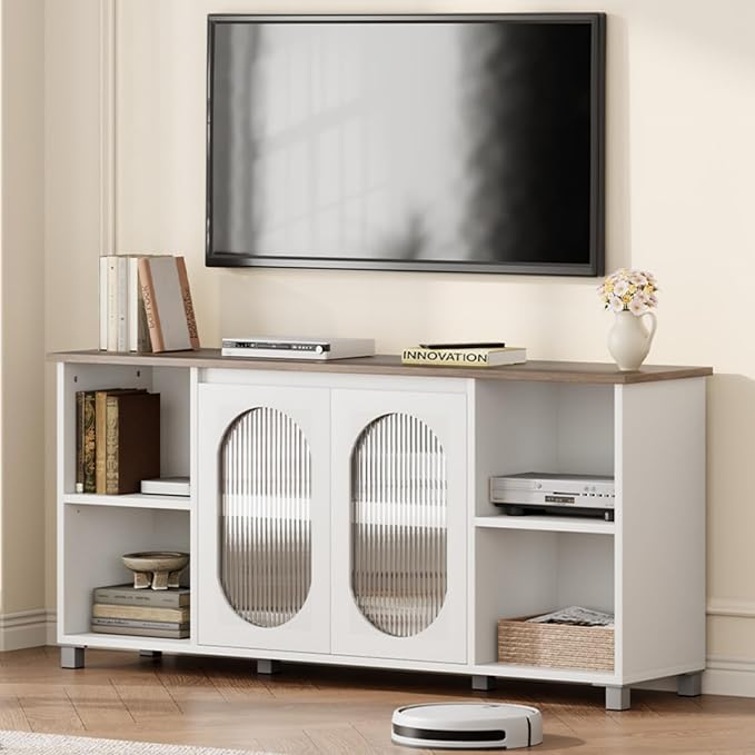 71" Modern Farmhouse TV Stand - Corrugated Glass Door Media Console with 3 Open Shelves, 15" D x 29" H Entertainment Center (White & Dark Brown)