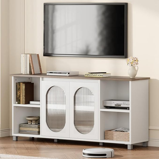 71" Modern Farmhouse TV Stand - Corrugated Glass Door Media Console with 3 Open Shelves, 15" D x 29" H Entertainment Center (White & Dark Brown)