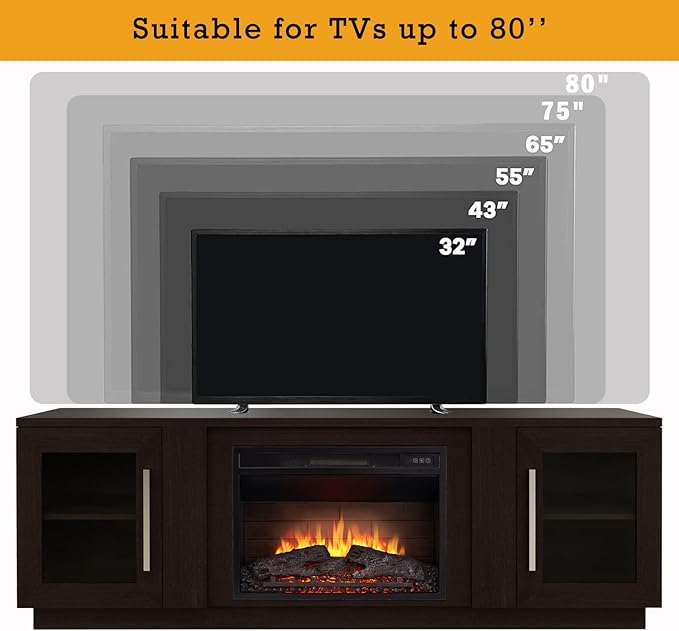 Cheerway 3D Fireplace TV Stand for TVs up to 80’’, Wooden Media Entertainment Center Table & TV Cabinets w/Storage Shelves & Barn Door, Electric Fireplace w/Remote Control