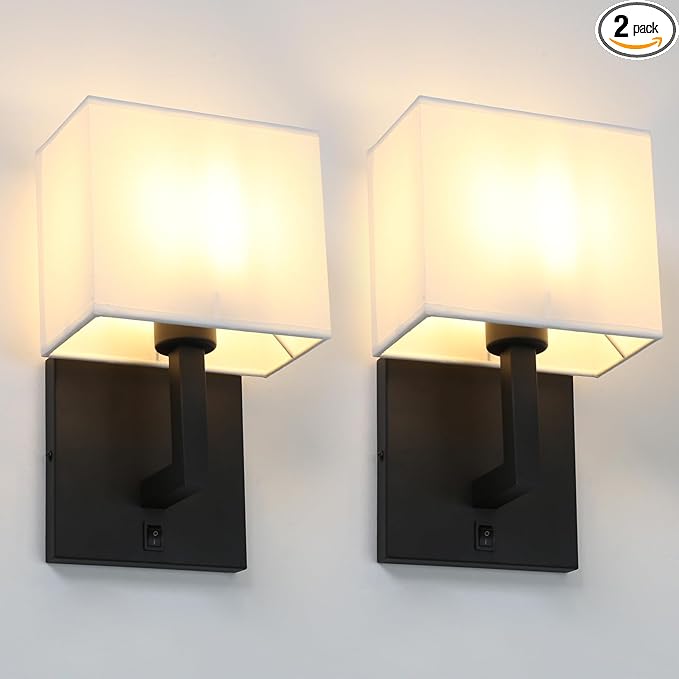 Yosoan Set of 2 Indoor Vanity Wall Sconce with On Off Switch, Brass Modern Boho Vintage Industrial Light with Square Fabric Shade for Bedroom Living Room Library Hallway Porch Dual Lamp Decor(Black)