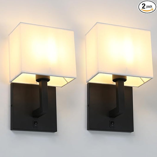 Yosoan Set of 2 Indoor Vanity Wall Sconce with On Off Switch, Brass Modern Boho Vintage Industrial Light with Square Fabric Shade for Bedroom Living Room Library Hallway Porch Dual Lamp Decor(Black)