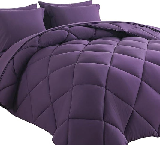 Cosybay Bed in a Bag Full Comforter Sets 7pcs All Season Solid Down Alternative Bedding Sets Purple with Comforter, Pillow Shams, Flat Sheet, Fitted Sheet and Pillowcases