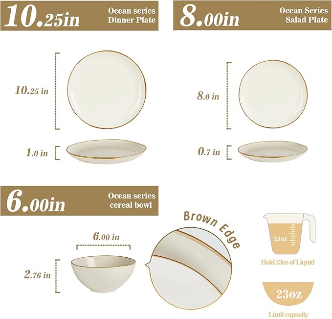 Famiware Dinnerware Sets for 4, Ocean Round 12-Piece Kitchen Plates and Bowls Sets, Microwave and Dishwasher Safe, Scratch Resistant, Vanilla White