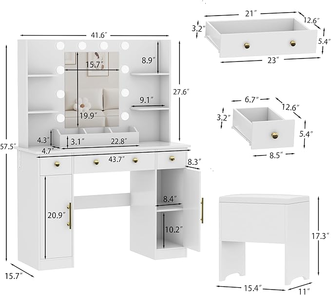 Vanity Desk with Mirror and Lights, Makeup Vanity with Charging Station & Vanity Stool, 3 Drawers and Cabinets White Vanity Mirror with RGB LED Lights Vanity Desk and Chair for Women